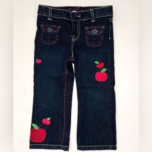 Baby Gap Dark wash straight leg denim pants jeans embroidered apple pink 18-24 2
